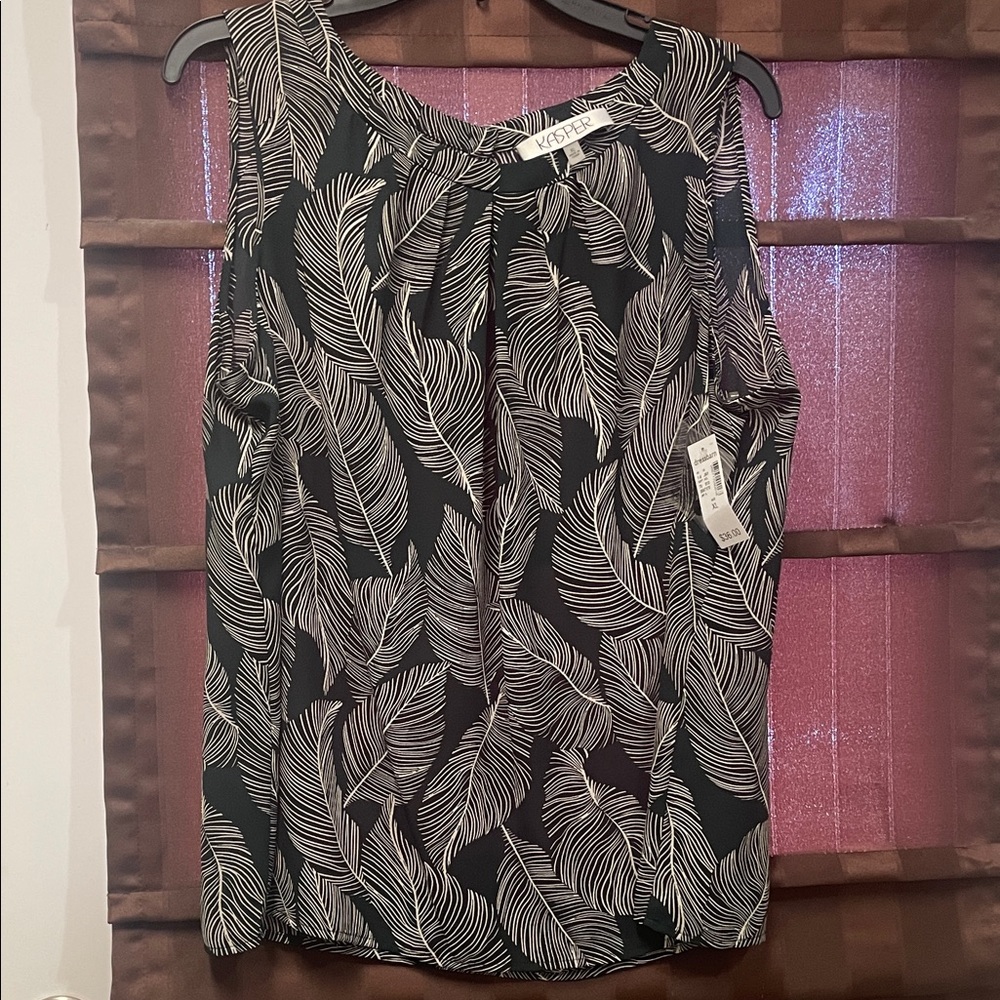 Kasper Black and White Feather Print Blouse
